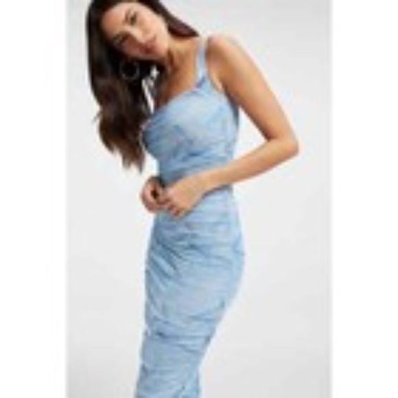 NWT Good American Patchwork Denim Blue Bodycon Ruched Maxi Dress Size 0 (XS) - Picture 2 of 14